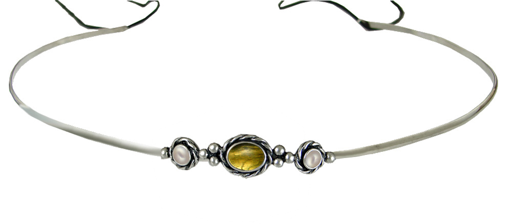 Sterling Silver Renaissance Style Headpiece Circlet Tiara With Citrine And Cultured Freshwater Pearl